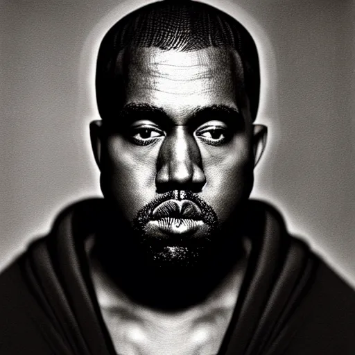 Prompt: a chiaroscuro lighting portrait of kanye west dressed as rick owens, black background, portrait by julia margaret cameron, shallow depth of field, 8 0 mm, f 1. 8