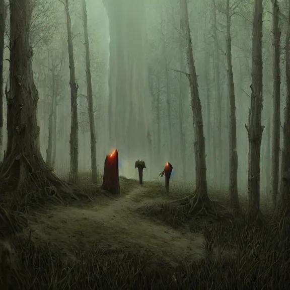Prompt: a highly detailed 4 k fantasy matte painting of people dressed as ghosts in the woods, zdzislaw beksinski, artstation, cgsociety, unreal engine