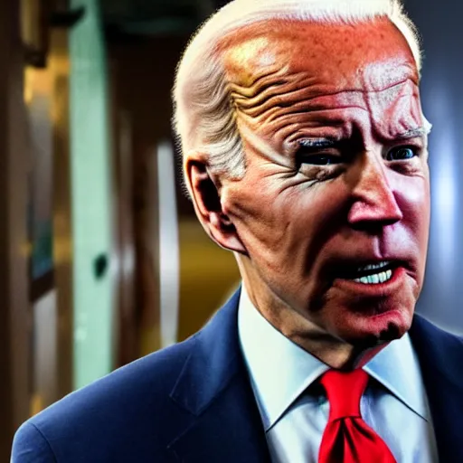 Image similar to joe biden as a monster in cronenberg movie, the thing, realistic, security camera footage