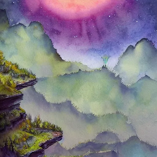 Prompt: beautiful lush natural scene on another planets majestic cliffs, with interesting creatures. different than earth but beautiful. lightfall. beautiful detailed artistic watercolor. trending on artstation and deviantart.