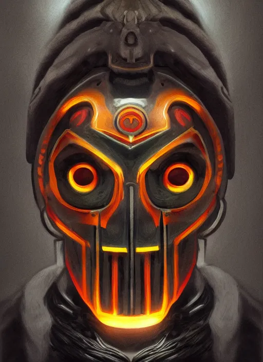 Prompt: occult mf doom with glowing haunted eyes, metal skin, intricate, elegant, highly detailed, centered, digital painting, artstation, concept art