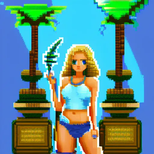 Image similar to pixel art, 32-bit pixel art, barbarian girl, electrified hair, prehistoric fantasy, palm trees