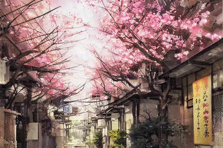 Image similar to beautiful Japanese anime alleyway with sakura trees, art by JOHN BERKEY, rule of thirds