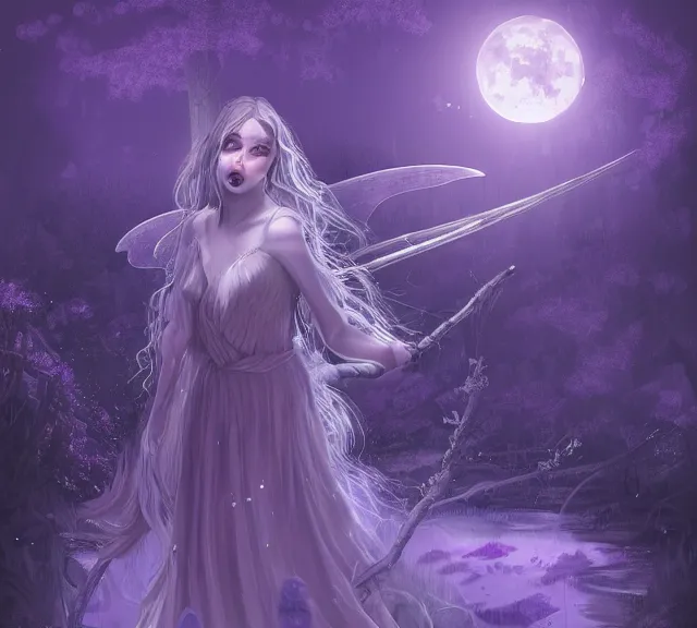 Prompt: an illustration of a mystical fairy witch, at the waterside, lit by moonlight, purple - tinted, high contrast, highly detailed, sharp focus, digital painting, illustration, trending on artstation,