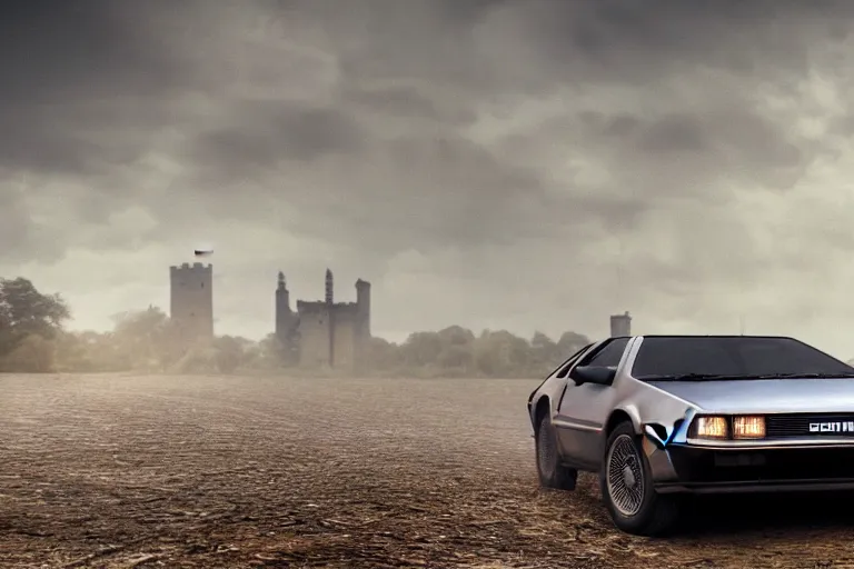 Prompt: Delorean car driving on a muddy road by a small castle, in the middle ages, digital matte painting, 4k UHD, desktop wallpaper