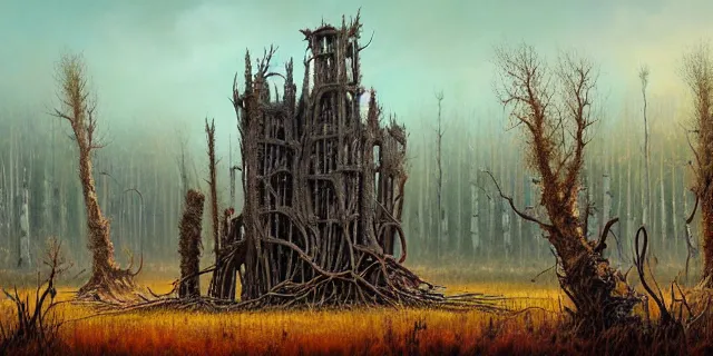 Image similar to painting dreadful forest of burnt and petrified weeping willows in a bog by tomasz alen kopera and cornelius dammrich with futuristic wood castle by eddie jones and simon stahlenhag