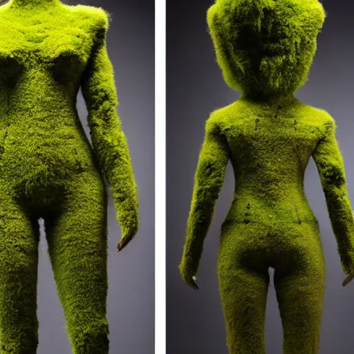Prompt: a beautiful suit made out of moss, on a mannequin. studio lighting, high quality, high resolution