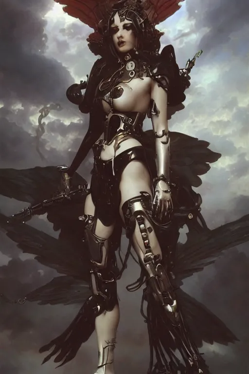 Prompt: Beautiful pale warhammer 40000 goth girl with mechanical wings and many wires, masterpiece 4k digital illustration by Ruan Jia and Mandy Jurgens and Artgerm and william-adolphe bouguereau, highly detailed, trending on artstation, award winning,