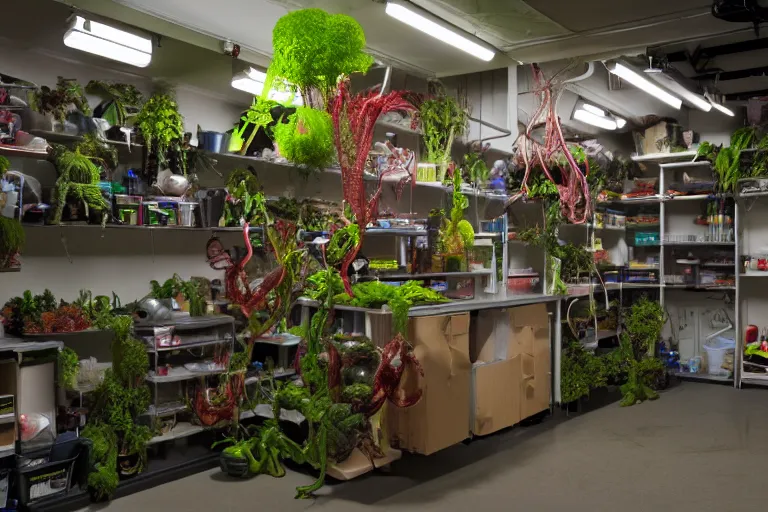 Image similar to garage with carnivorous plants on the shelves and packing peanuts on the floor, scene from tv show hyper detailed 5 5 mm 8 5 mm, low - light photography by tyler mitchell, made out of plastic