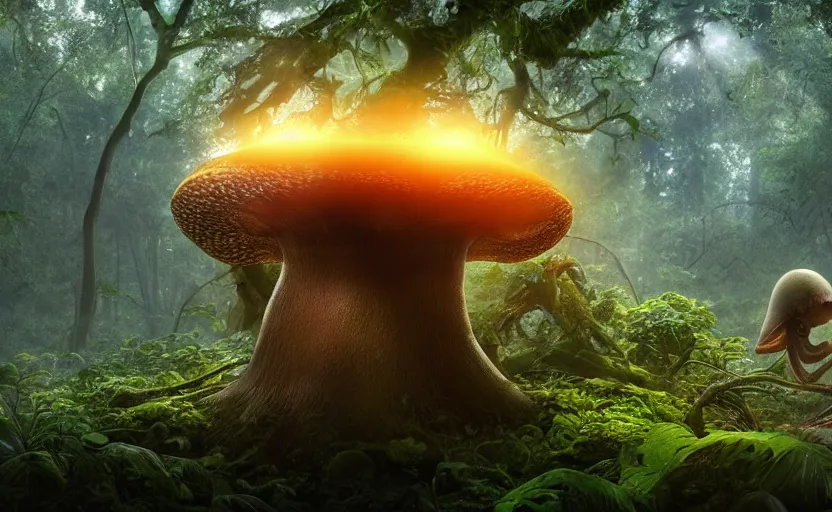 Prompt: a beautiful render of an alien mushroom growing out of a human a skull in a rainforest, sunset lighting, intricate detail, hazy, humid, volumetric lighting, god rays, 8 k, photorealistic, raytracing effects, unreal engine 5