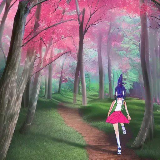 Image similar to A happy anime girl skipping down a path in a forest, anime shading, digital art, hyper-realistic