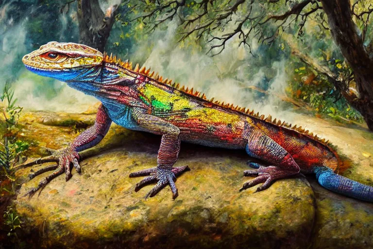 Image similar to highly detailed oil painting of a crytal lizard sitting in a steaming colorful hotspring with woodland forest backdrop, featured on artstation