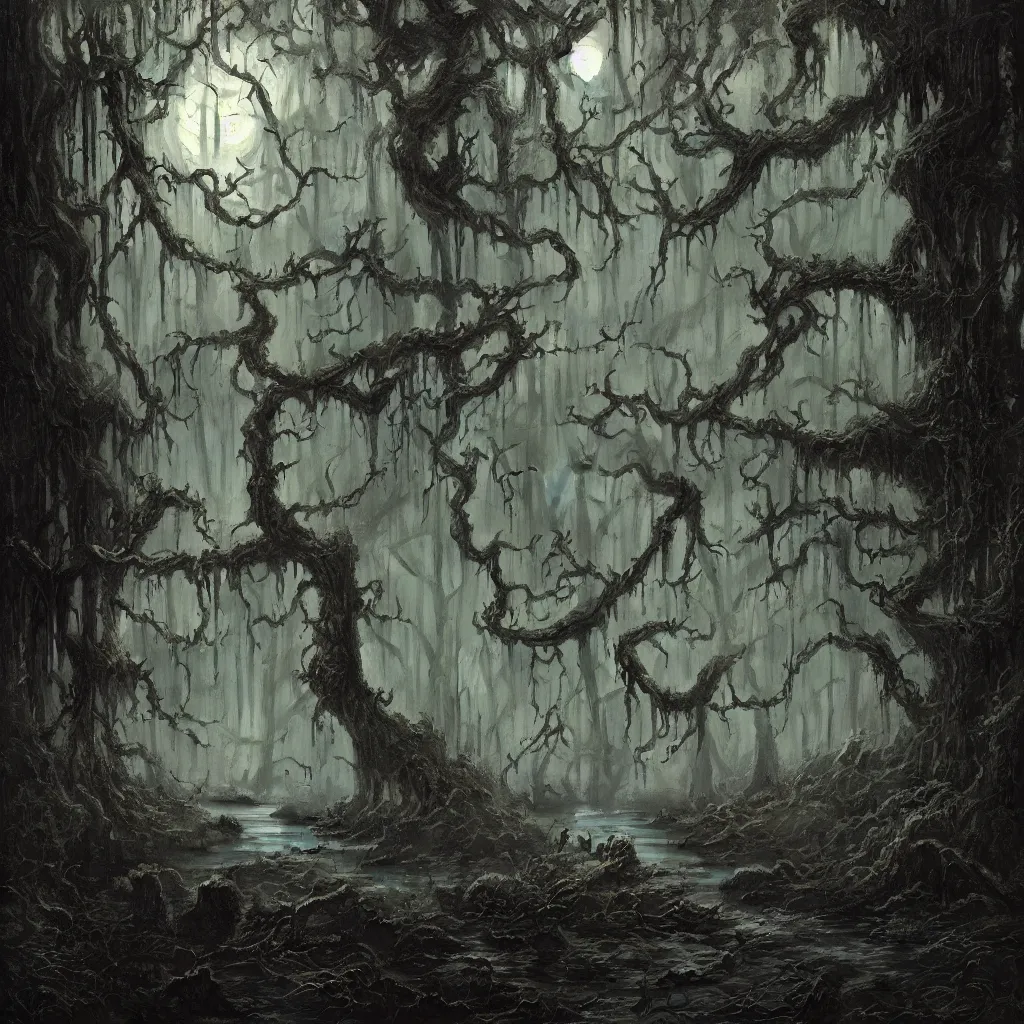 Prompt: a dark lush haunted swamp forest at night, upward cinematic angle, swamp horror, by Michael Kaluta, P. Craig Russell and Andreas Rocha, eerie moonlight, beautiful composition, intricate, elegant, digital art, detailed, mixed media painting, hyperrealistic, sharp focus, 8k