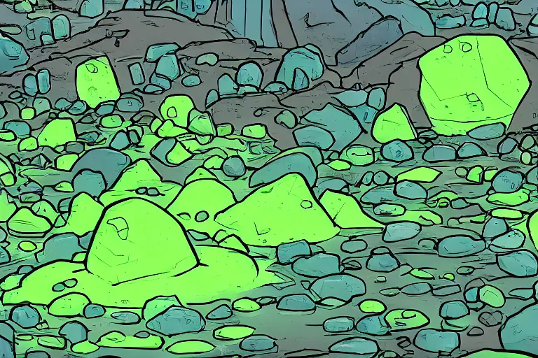 Image similar to glowing green rocks, toxic sludge, like where the hulk would live, landscape, comic book art style, pictures in sequence, storyboarding, speech bubbles, explosions