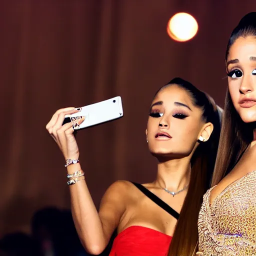 Image similar to Selfie photograph of Ariana Grande and Ariana Grande, golden hour, 8k,