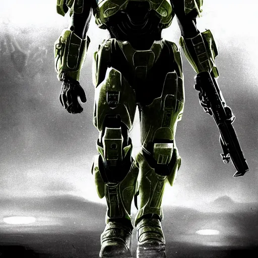 Image similar to Historical photo of the Master Chief from Halo fighting in WWII, cinematic, highly detailed