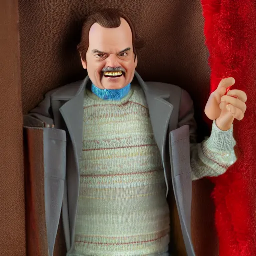 Image similar to Insane Jack Nicholson in the movie The Shining as a male barbie doll, Mattel, studio product photography, professional, detailed, f/8.0