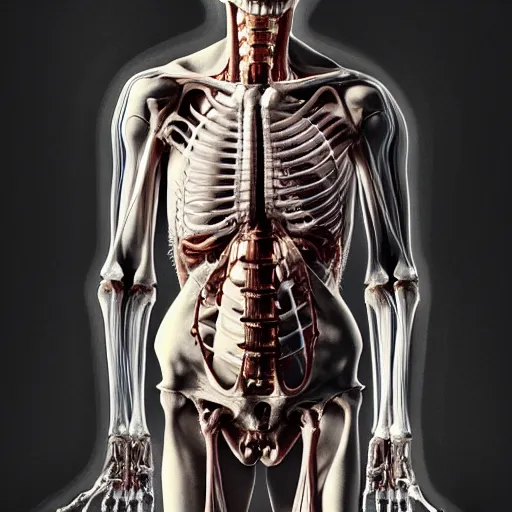 Image similar to Human with transparent skin, muscle, human bones and spine and nerves, beautiful detailed intricate insanely detailed octane render, 8K artistic photography, photorealistic, chiaroscuro, by David Cronenberg, Raphael, Caravaggio