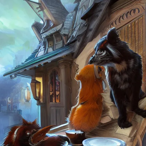 Prompt: anthropomorphic crow and red panda in a cafe, highly detailed, digital painting, artstation, concept art, smooth, sharp focus, illustration, art by artgerm and greg rutkowski and alphonse mucha