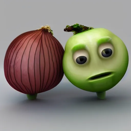 Image similar to crying onion cartoon, 3 d render