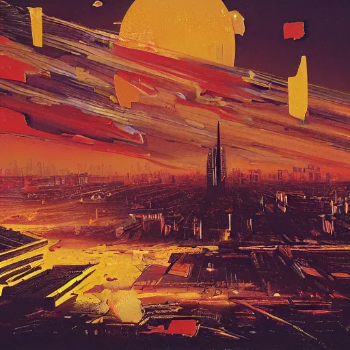 Image similar to A beautiful digital art of a city in ruins. The dominant colors are yellows, oranges and reds, giving the impression of a fiery, destroyed landscape. In the center of the image is a large, looming spaceship, adding to the feeling of unease and despair. platinum, double exposure by Paul Fusco, by J.C. Leyendecker tired, dull