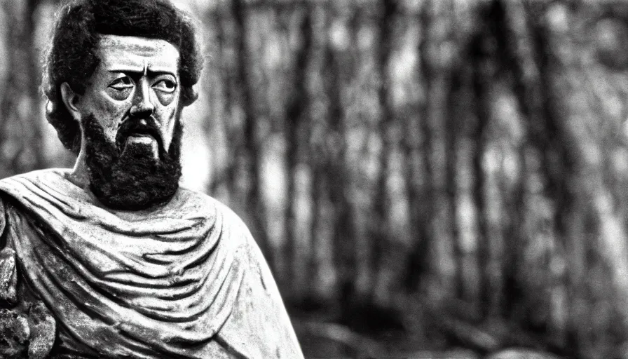Image similar to 1 9 6 0 s movie still close up of marcus aurelius with a steel breast - plate with a white cape frozen to death by the side of a river with gravel, pine forests, cinestill 8 0 0 t 3 5 mm, high quality, heavy grain, high detail, texture, dramatic light, anamorphic, hyperrealistic, detailed hair, foggy