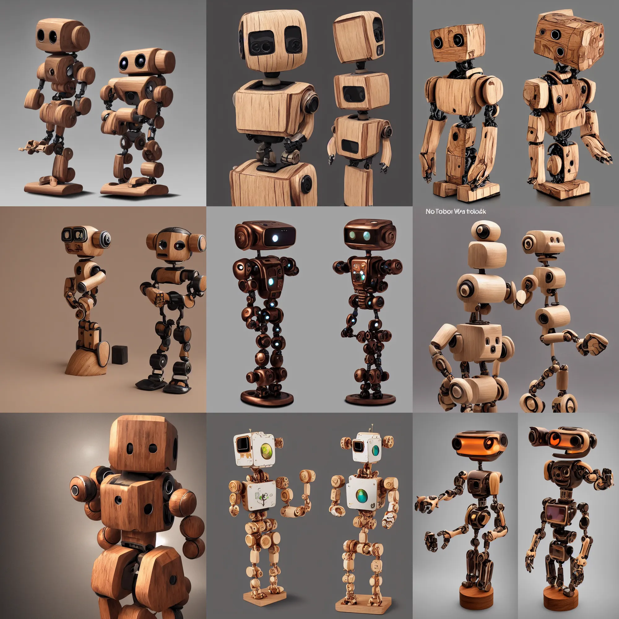 Prompt: 8 k photorealistic a wooden art toys on a pedestal cute robot wooden, cyberpunk concept art contemporary art gallery art by ngai victo