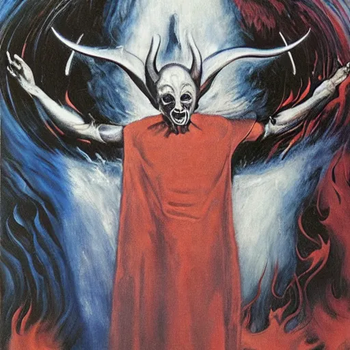 Image similar to ellen degeneres as the devil, pure evil, demonic background, surrounded by flames painted by hr giger, francisco goya, francis bacon, trending on artnet