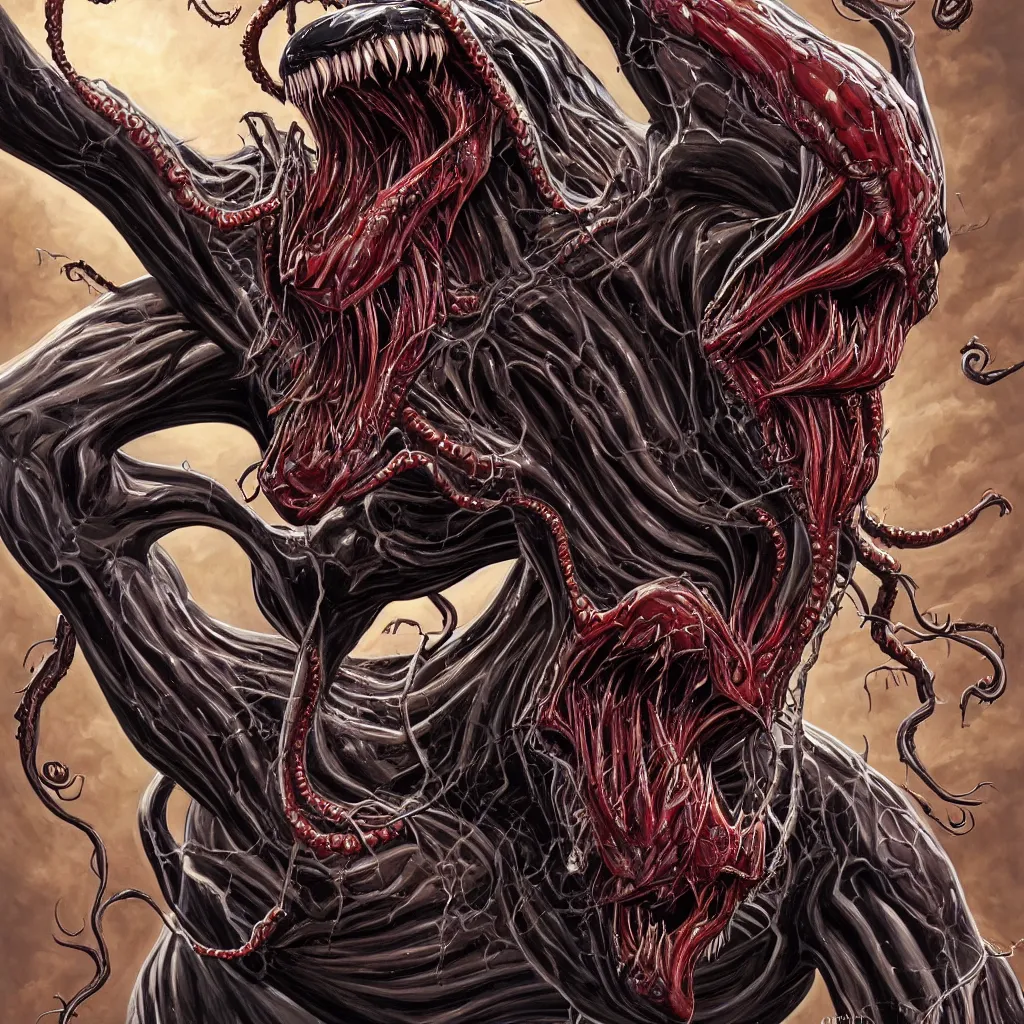 Prompt: anatomically acurate full body long shot venom from marvel comics!!!!, large mouth with teeth, lovecraftian horror!, surrealism, fantasy, intricate, elegant, highly detailed, digital painting, artstation, concept art, matte, sharp focus, illustration, art by glenn fabry