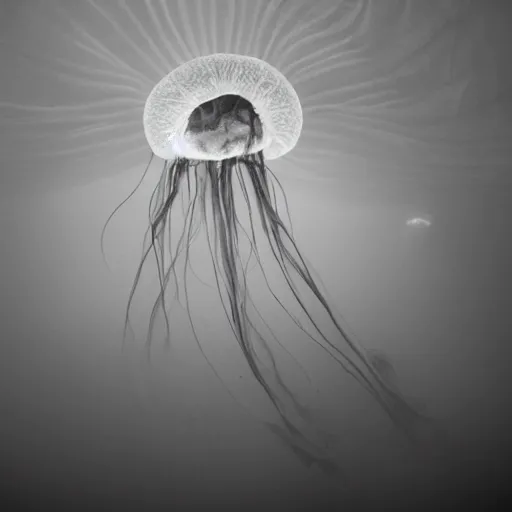 Prompt: bioluminiscent jellyfish, award winning black and white photography