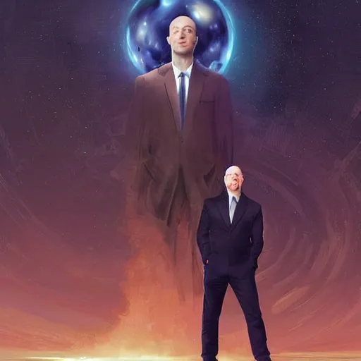 Prompt: portrait of elon musk, mark zuckerberg and jeff bezos together, looking at planet earth, very detailled, art contest winner on behance, trendy on deviant art, by by artgem, greg rutkowski