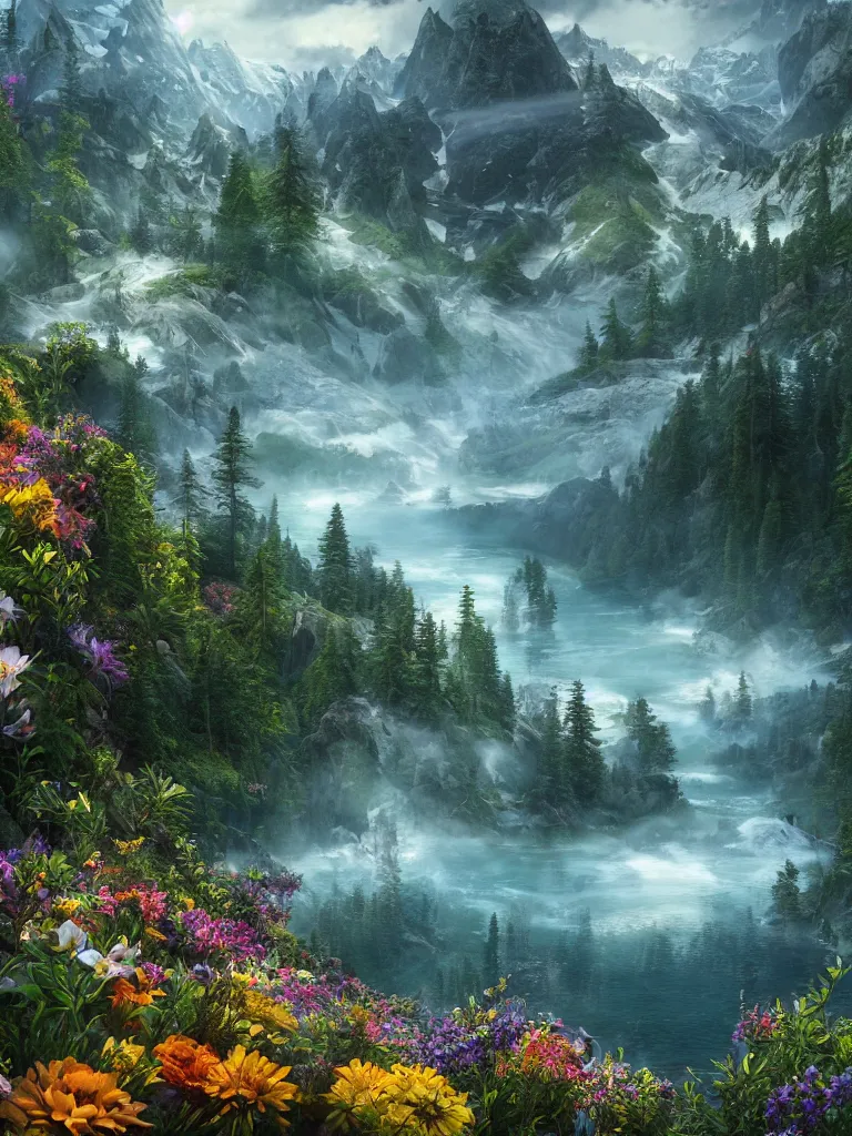 Image similar to a epic view of a mountainous lake, forest, flowers, concept art, trending on, very detailed, unreal engine, 4 k, photoreal, volumetric lighting, light rays, epic composition, warm colors, angelic