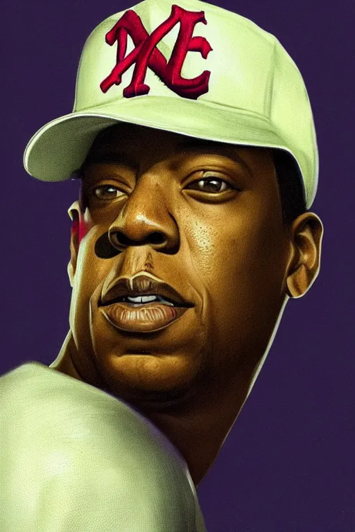 Image similar to portrait of jay - z with ny baseball hat, staring directly into camera, intricate, elegant, glowing lights, highly detailed, digital painting, artstation, sharp focus, illustration, art by wlop, mars ravelo and greg rutkowski