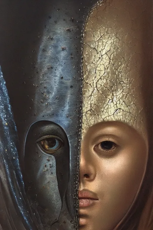 Image similar to hyperrealism oil painting, close - up portrait of face hiding in stingray medieval fashion model, knight, steel gradient mixed with nebula sky, in style of baroque mixed with 7 0 s book art