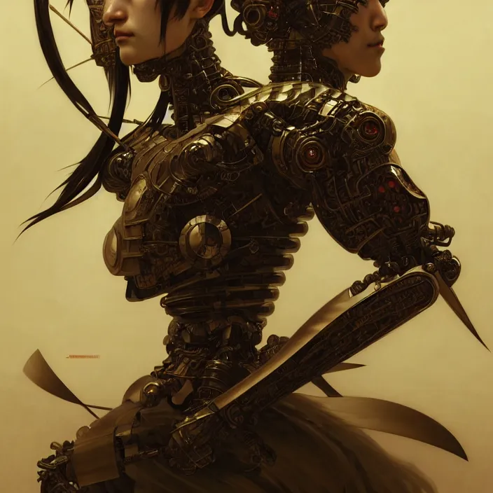 Image similar to japanese cyborg, Japanese samurai, diffuse lighting, fantasy, intricate, elegant, highly detailed, lifelike, photorealistic, digital painting, artstation, illustration, concept art, smooth, sharp focus, art by John Collier and Albert Aublet and Krenz Cushart and Artem Demura and Alphonse Mucha