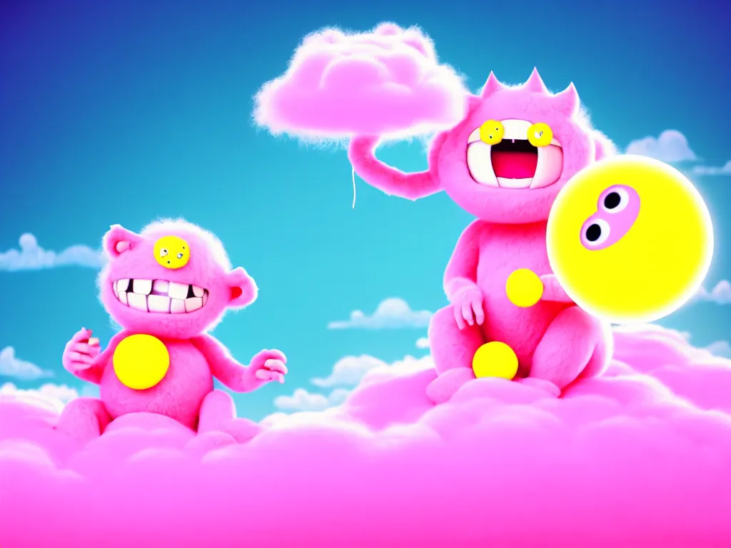 Image similar to realistic image of a light pink monster sitting on a simplistic pink fluffy cloud with yellow beams of light and a light blue background, children's tv show vintage kids channel 1 9 9 0 s 2 0 0 0 s