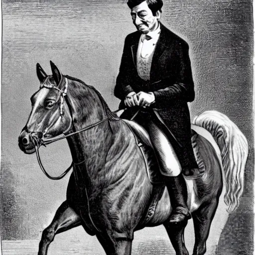 Prompt: Matteo Renzi riding a horse with the face of Mario Draghi, 19th century caricature, black and white