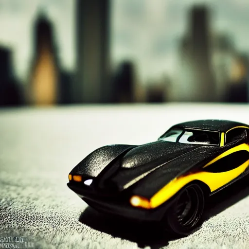 Prompt: 3 5 mm photo of black batman car, tim burton cinematic, dark, hot wheels model with new york city as background