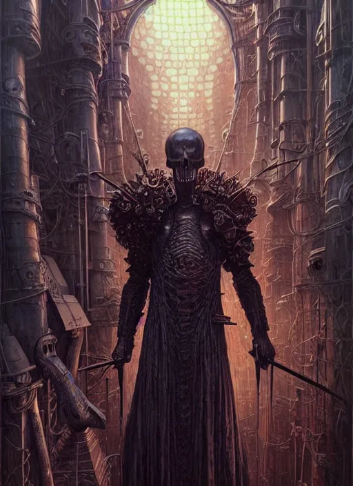 Image similar to portrait of a executioner, hyper detailed masterpiece, dystopian background, jean giraud, digital art painting, darkwave goth aesthetic, lovecraftian, artgerm, donato giancola and tom bagshaw