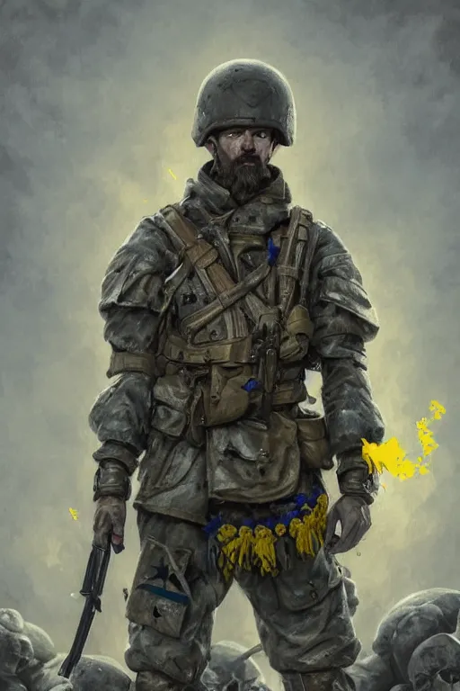 Image similar to a distant shot of a Ukrainian Modern Warfare soldier with blue and yellow flag standing alone on a pile of skulls as a winner, masculine figure, D&D, fantasy, intricate, elegant, highly detailed, hyperrealistic, extremely detailed, digital painting, artstation, concept art, matte, sharp focus, symmetrical, illustration, art by Artgerm and Greg Rutkowski and Alphonse Mucha