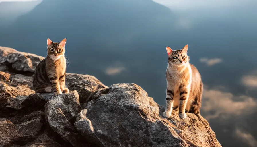 Prompt: a cat standing on the peak of a mountain, looking up, realistic, epic lighting, epic composition, 4 k