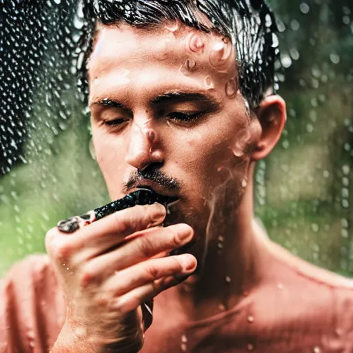 Prompt: photo of aspic meat jelle smoking cigarette under rain