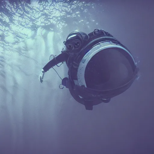 Image similar to infrared concept art diver astronaut in underwater futuristic dark and empty spaceship. complex and hyperdetailed technical suit design. reflection material. rays and dispersion of light breaking through the deep water. 3 5 mm, f / 3 2. noise film photo. flash photography. trend artstation