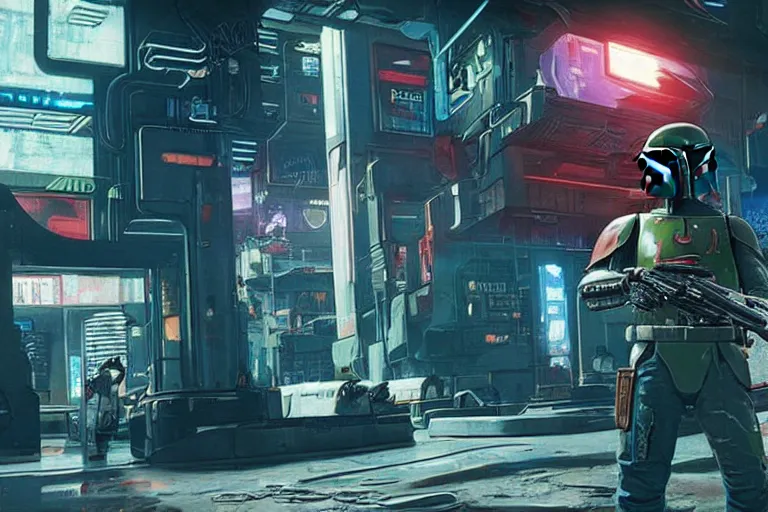 Prompt: boba fett in cyberpunk 2077