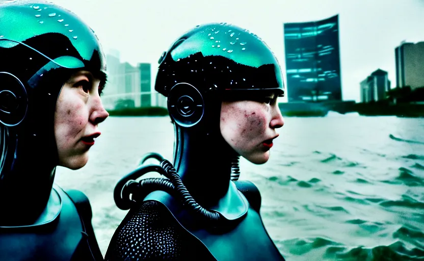 Image similar to cinestill 5 0 d candid action photographic portrait by helen levitt of two loving female androids wearing rugged black mesh techwear in treacherous waters, extreme closeup, modern cyberpunk retrofuturism moody emotional cinematic, pouring iridescent rain, 8 k, hd, high resolution, 3 5 mm, f / 3 2, motion blur, ultra realistic faces, ex machina