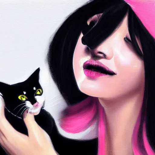 Image similar to a woman with black long hair and pink extensions singing powerfully with her black and white cat, oil painting, high detail, 4k, trending on artstation, devianart, cgsociety