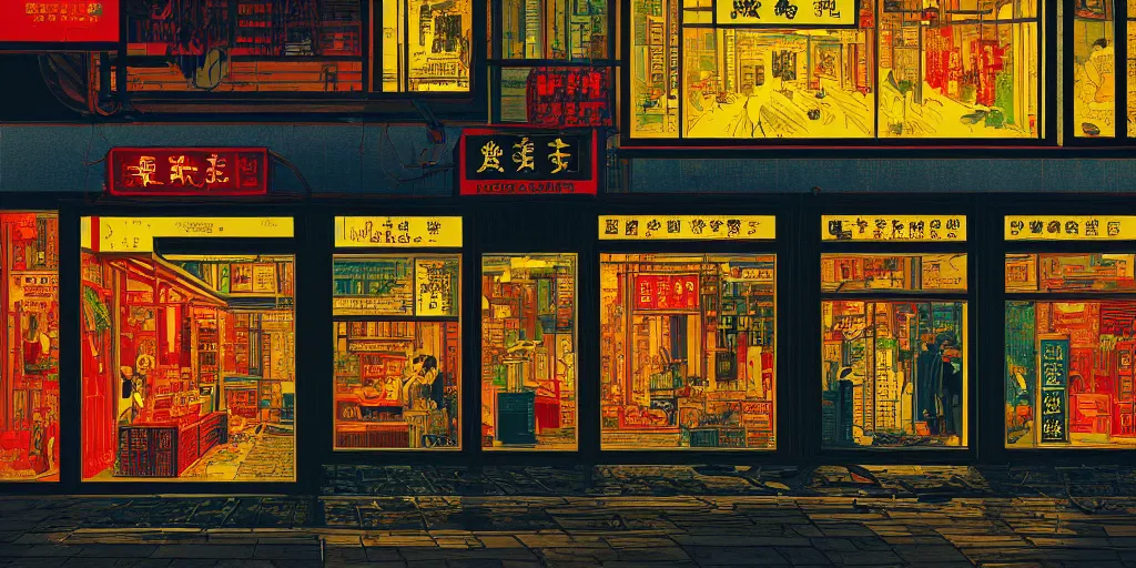 Image similar to a shop window in hong kong, by dan mumford and peter doig and edward hopper, minimal, black in, thick lines highly detailed, dramatic lighting, 8 k