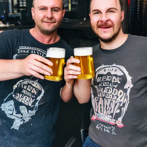 Prompt: 2 members of turbojugend stand and drink beer