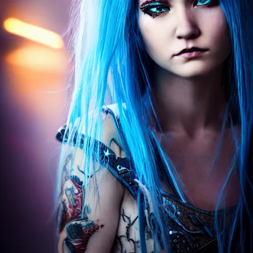 Prompt: portrait of young girl half dragon half human, dragon girl, dragon skin, dragon eyes, dragon crown, blue hair, long hair, highly detailed, cinematic lighting, by Jim Jamursch