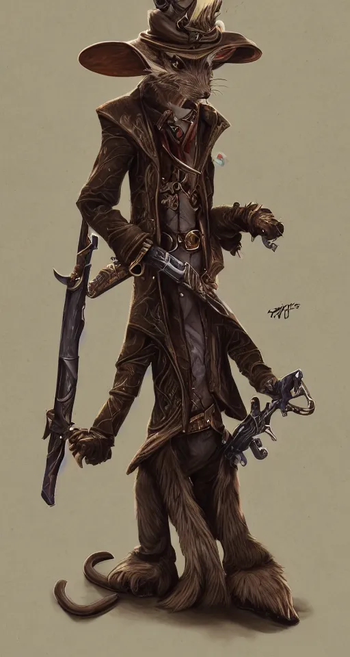 Image similar to a highly detailed illustration of one anthropomorphic rat wearing a long coat holding a wooden shotgun, dramatic standing, intricate, elegant, highly detailed, centered, digital painting, artstation, concept art, smooth, sharp focus, league of legends concept art, wlop